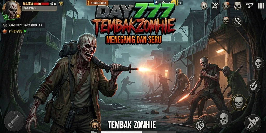 Tampilan antarmuka DAY777 saat melawan zombie dalam pertempuran intens.