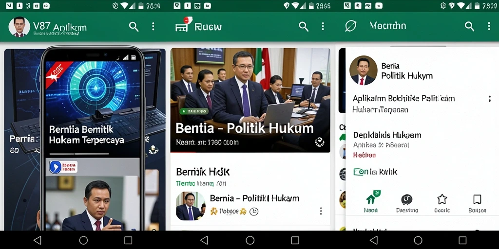 Tampilan antarmuka aplikasi V87 untuk berita politik dan hukum.